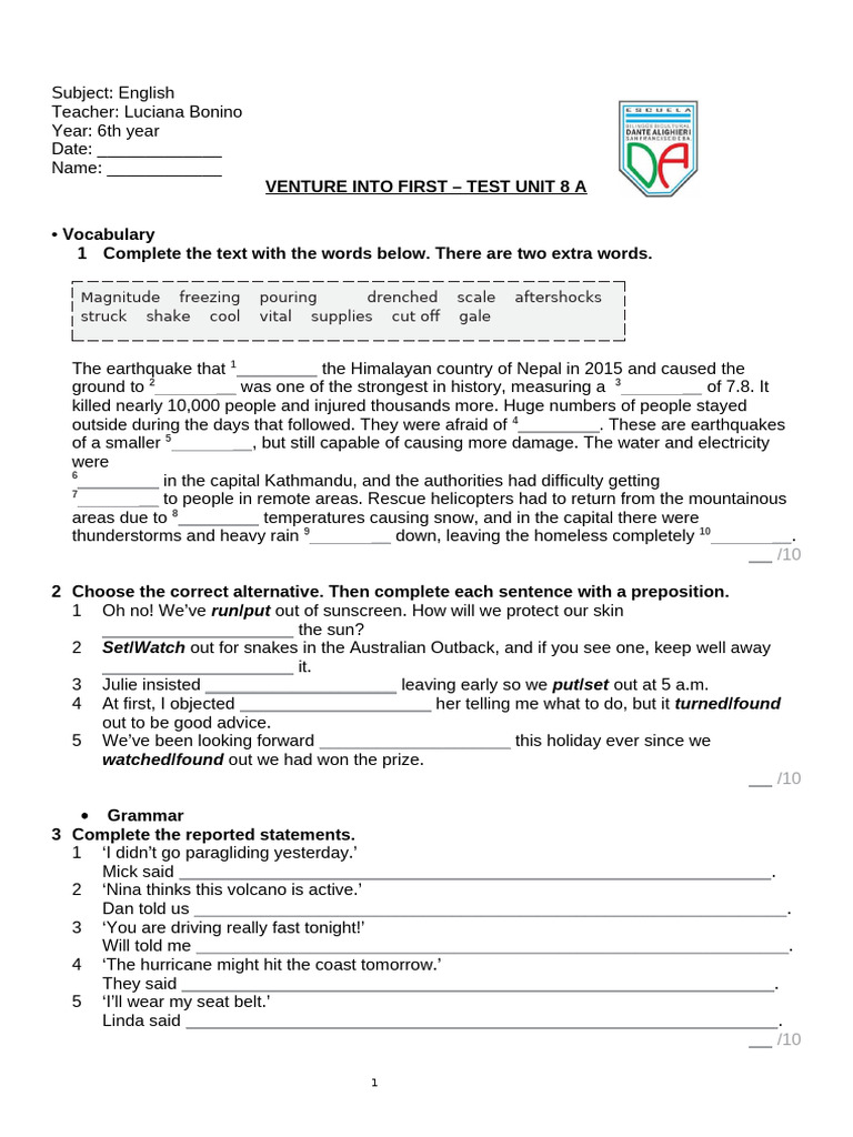 English Test Unit 8A: Earthquake & Grammar | PDF