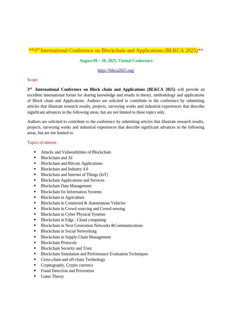 3rd International Conference On Blockchain and Applications (BLKCA 2025) |  PDF | Internet Of Things | Computing