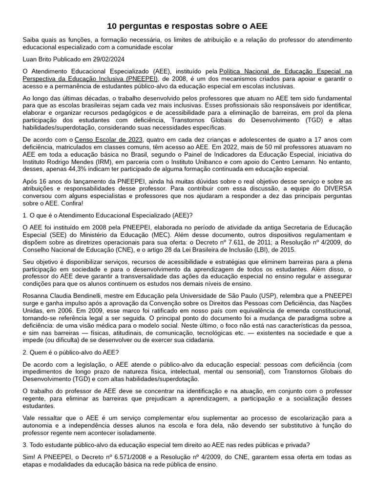 Perguntas sobre o Atendimento Educacional Especializado | PDF