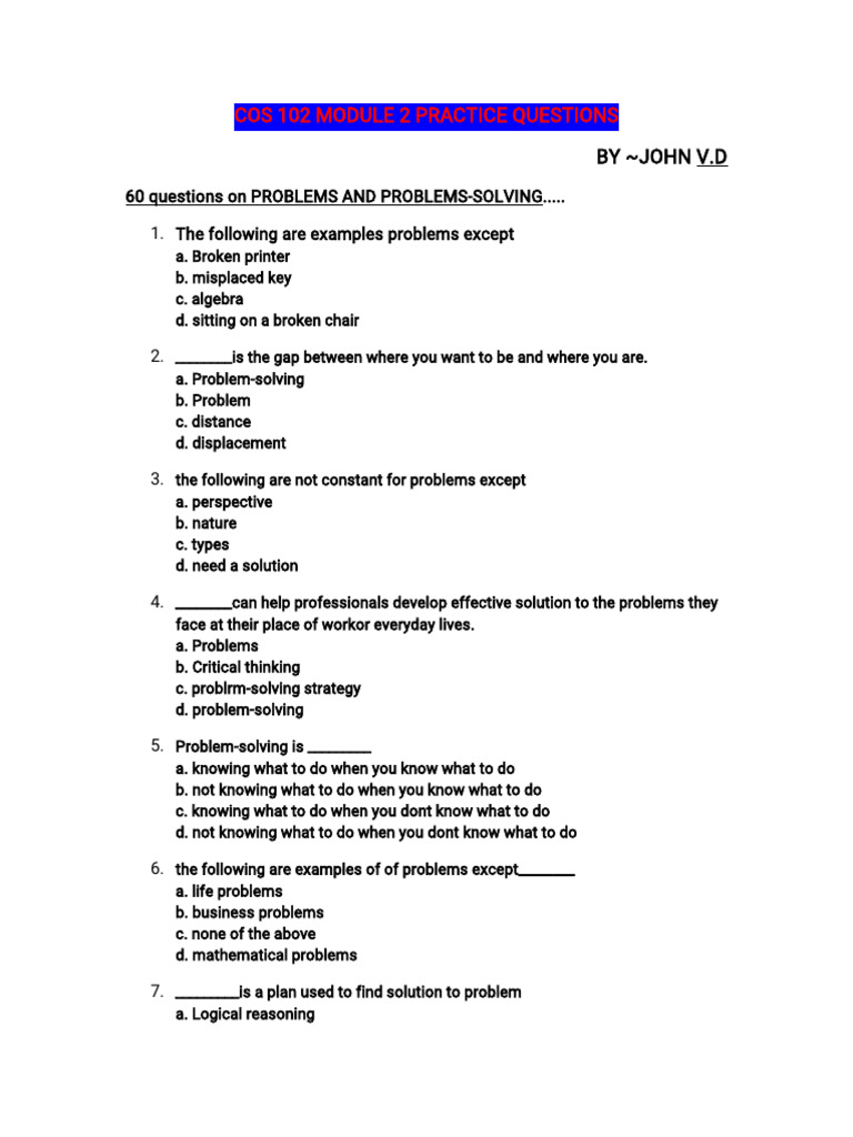 COS 102 Problem-Solving Practice Questions | PDF