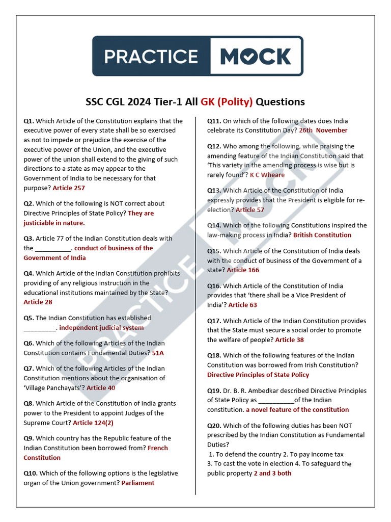 SSC CGL 2024 Polity Questions Guide | PDF | Separation Of Powers ...