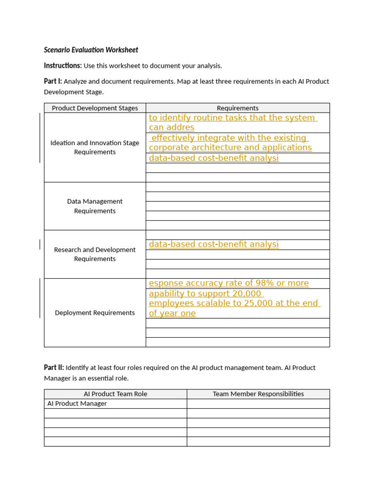 AI Product Development Evaluation Worksheet | PDF