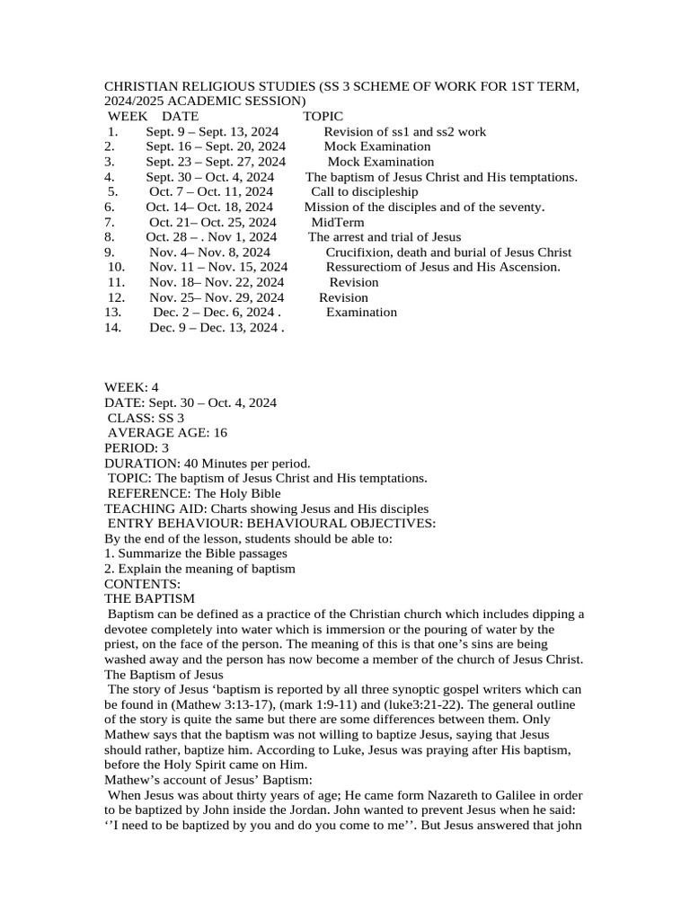 SS3 Christian Religious Studies Term 1 | PDF | Jesus | Disciple ...