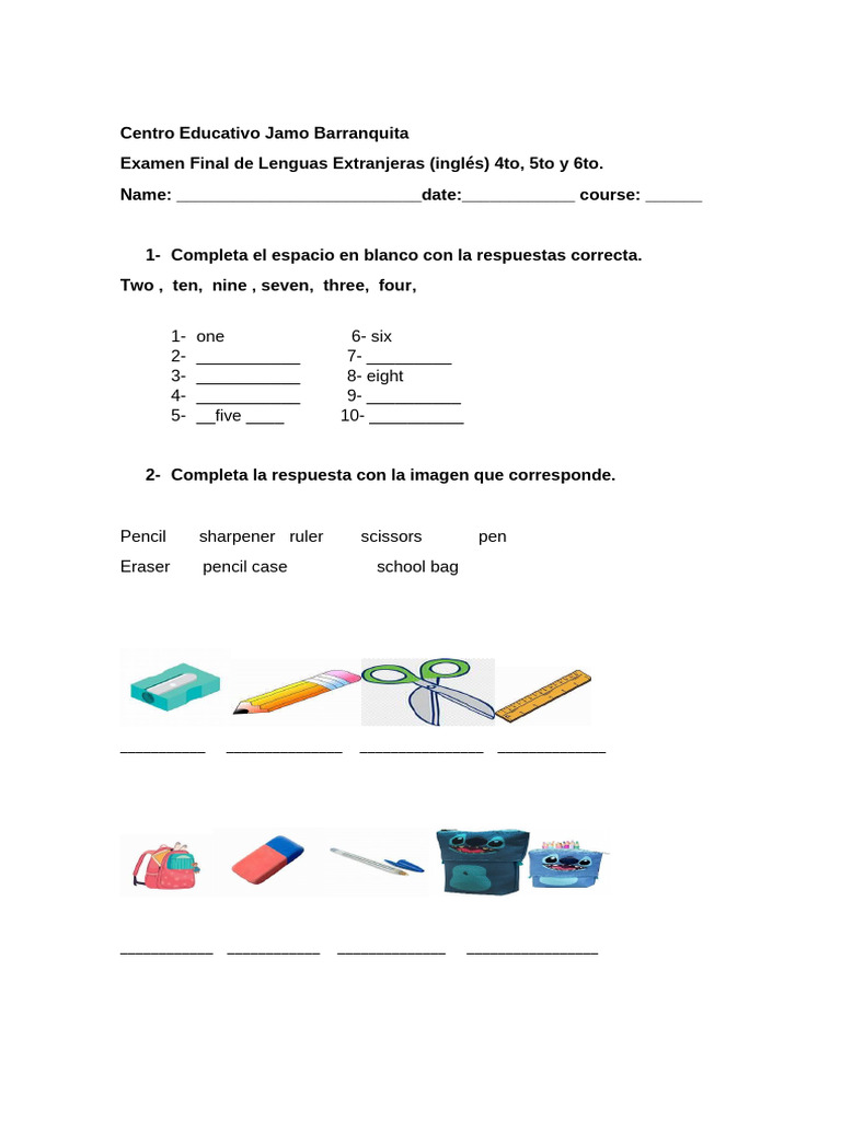 Examen Final de Inglés para Primaria | PDF