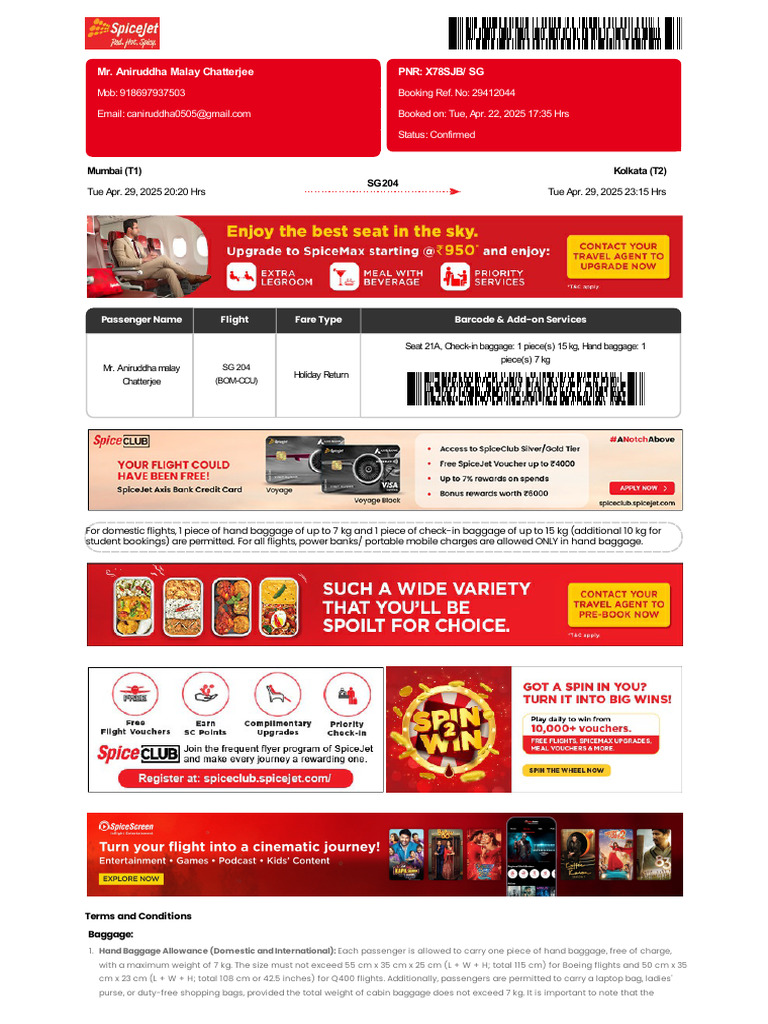SpiceJet - E-Ticket - PNR - X78SJB 29 Apr 2025 Mumbai-Kolkata For MR ...