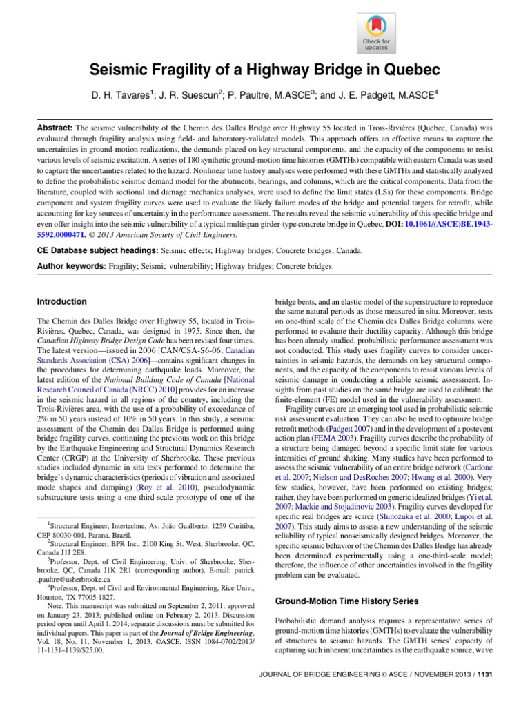 Tavares Et Al Seismic Fragility of A Highway Bridge in Quebec | PDF ...