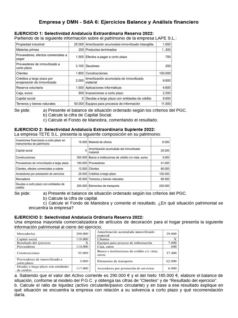 Ejercicios de Balance y Análisis Financiero | PDF | Hoja de balance ...