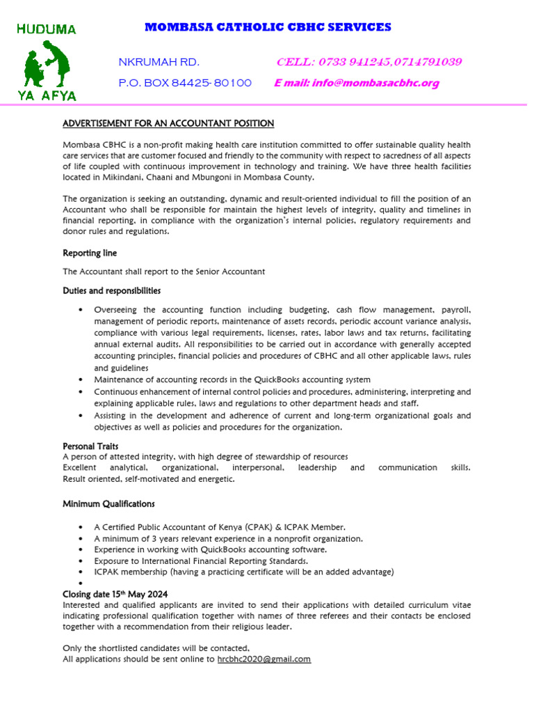CBHC Accountant Advert 2024 | PDF | Accounting | Regulatory Compliance