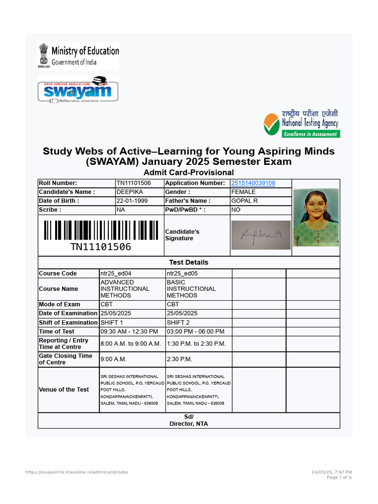SWAYAM January 2025 Exam Admit Card | PDF | Identity Document