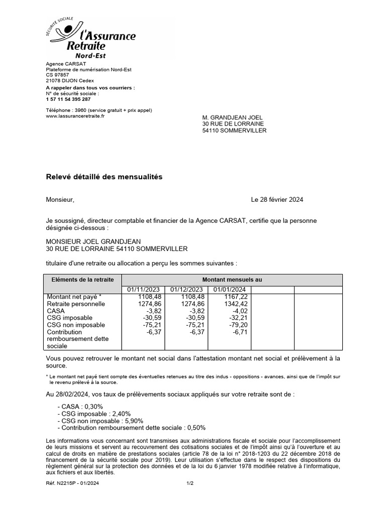 Relevé Mensuel de Retraite de M. Grandjean | PDF | Impôts | Financement ...