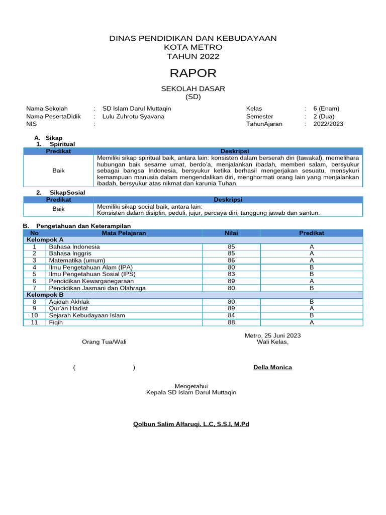 Rapor Sekolah Dasar SD Islam Darul Muttaqin | PDF