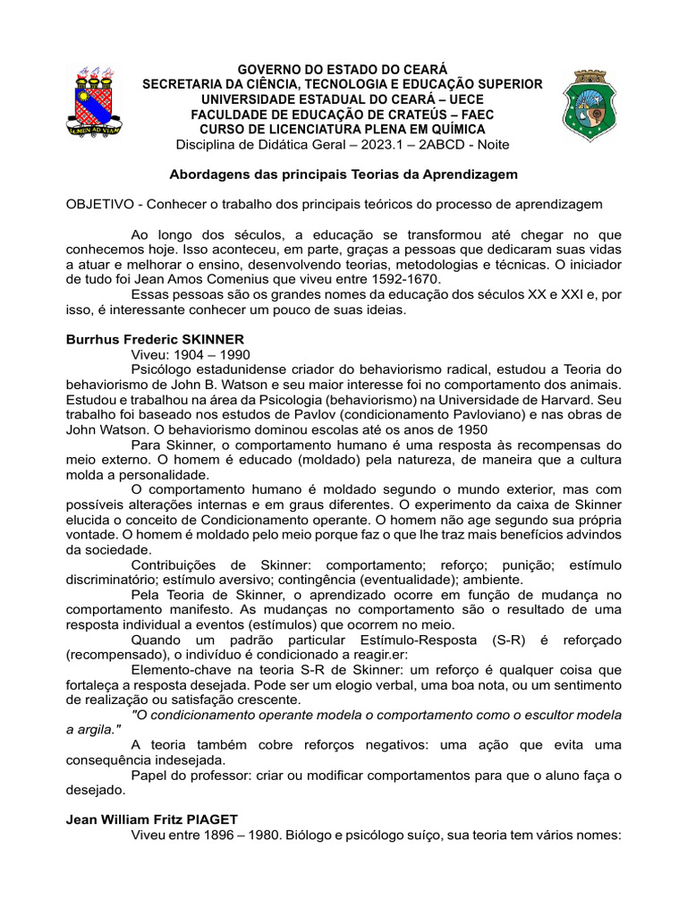 Teorias da Aprendizagem na Educação | PDF | Aprendizado | Behaviorismo