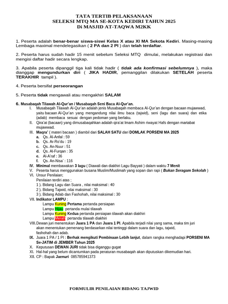 Tata Tertib Seleksi MTQ Kediri 2025 | PDF