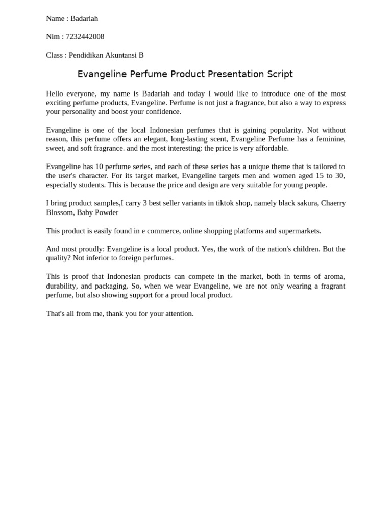 Evangeline Parfume Product Presentasi Script | PDF