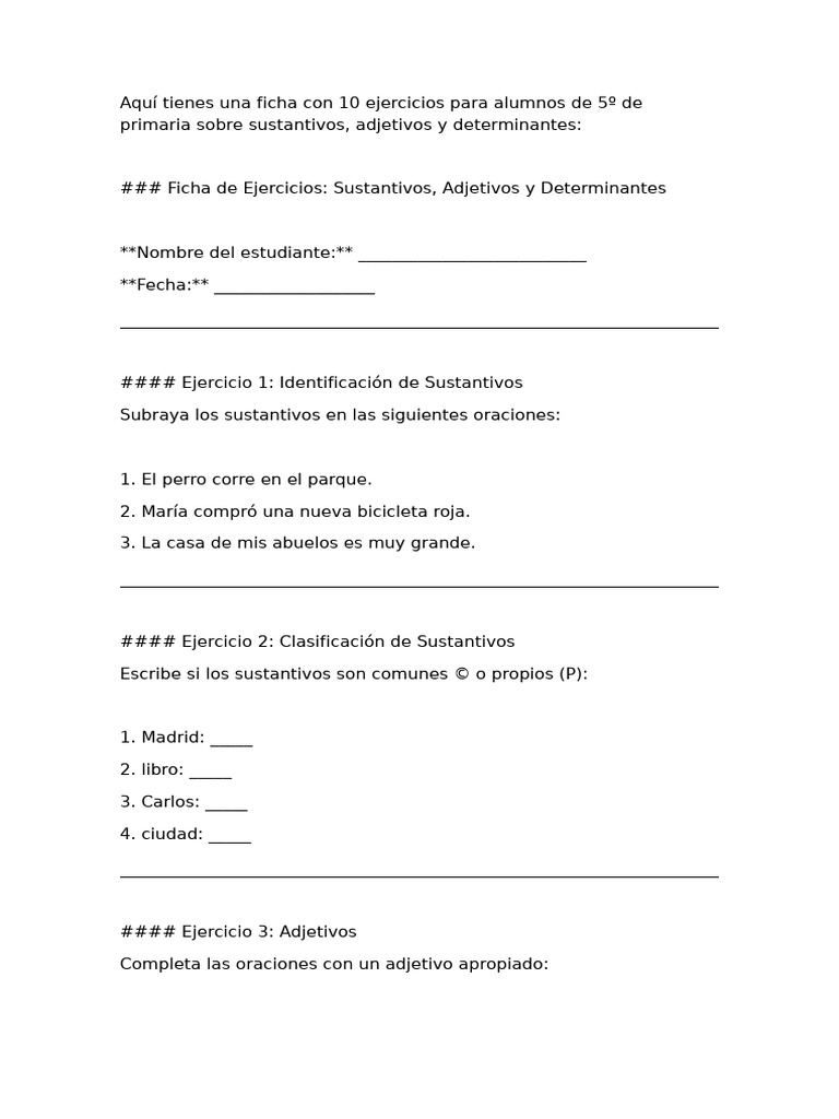 Ejercicios de Lengua para 5º Primaria | PDF | Adjetivo | Morfología ...
