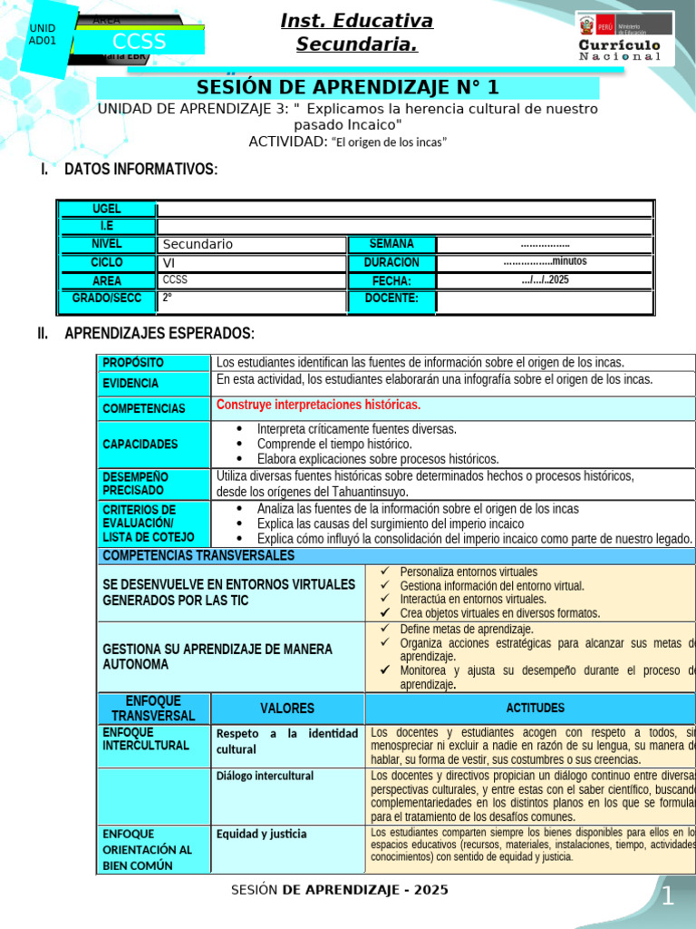 SESIÓN 1 (U3) (2° Grado) - CCSS | PDF | Imperio Inca