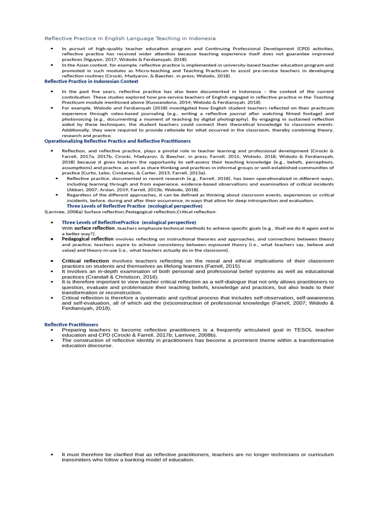 Reflective Practice in English Language Teaching in Indonesia | PDF ...