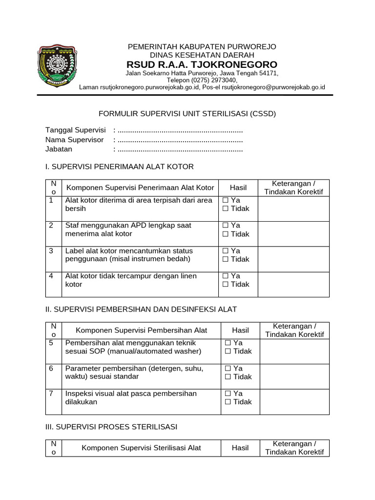 Formulir Supervisi CSSD RSUD Purworejo | PDF