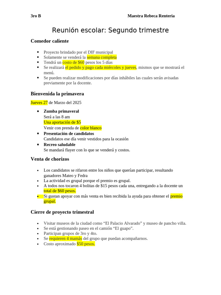 Reunión Escolar 3ro B: Actividades y Proyectos | PDF