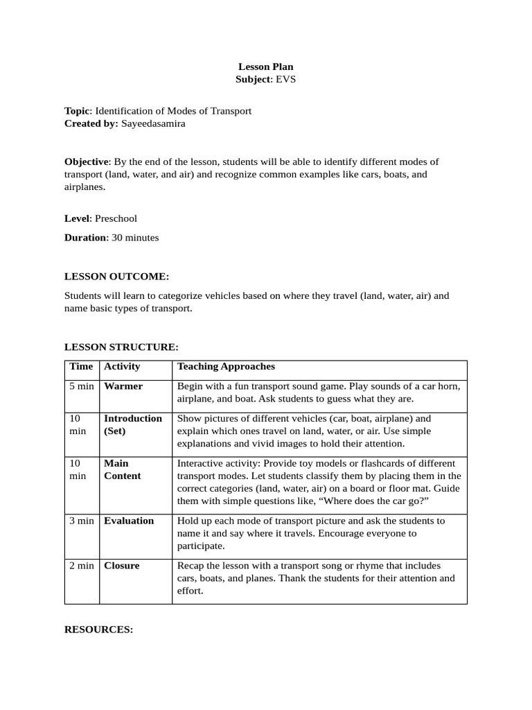 Lesson Plan EVS Modes of Transport Sayeedasamira PDF