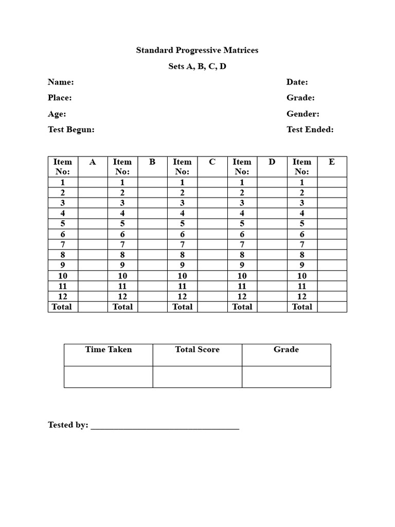 Standard Progressive Matrices Scoring Sheet | PDF