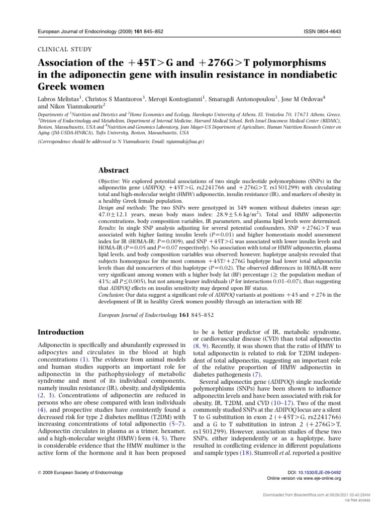 Association of The 45T G and 276G T Polymorphisms in The Adiponectin ...