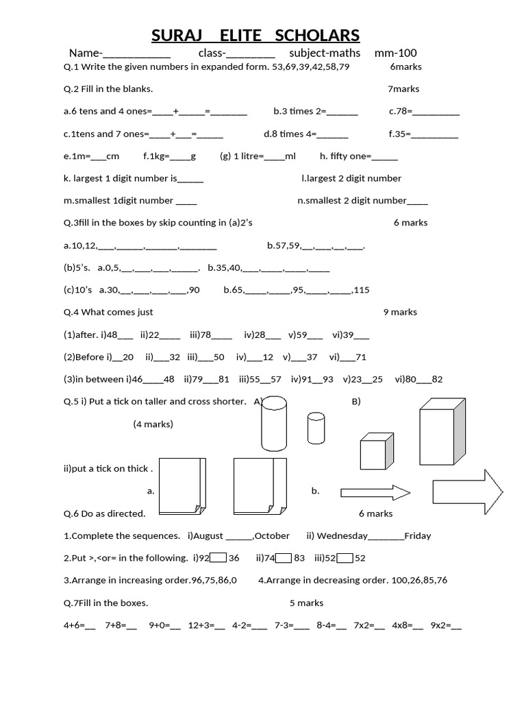 Class 1 Maths Question Paper | PDF