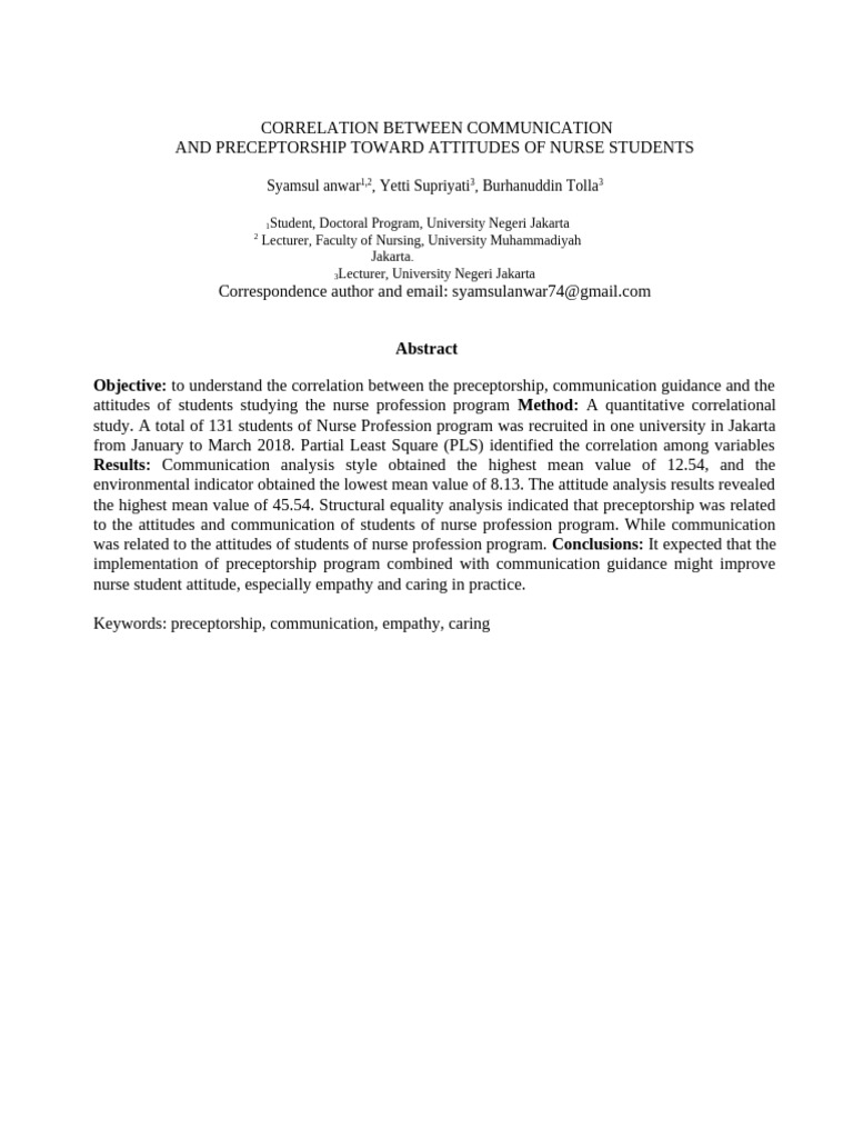 Correlation Between Communication | PDF | Empathy | Nursing