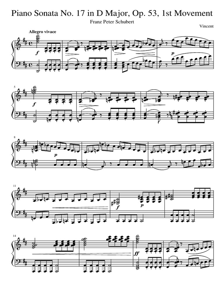 Schubert - Piano Sonata No. 17 in D Major, Op. 53, 1st Movement | PDF ...