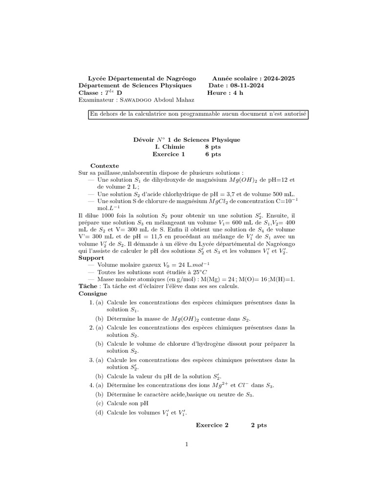 Devoir de Sciences Physiques 2024-2025 | PDF | Ph | Acide