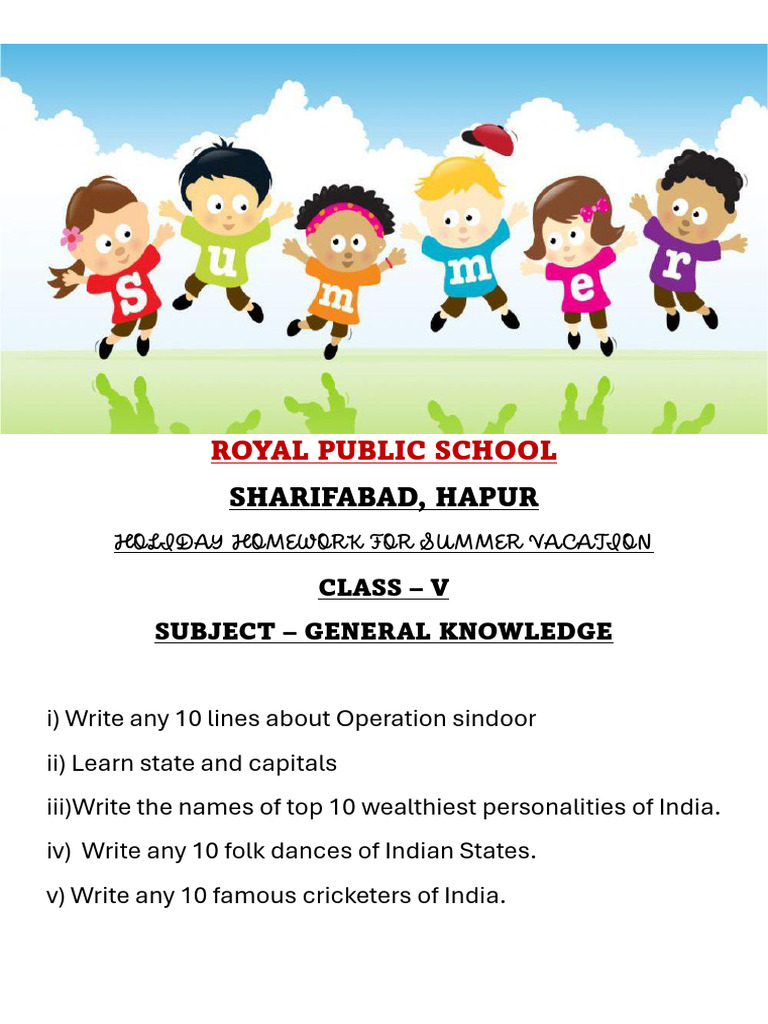 GK Holiday Homework Class V | PDF