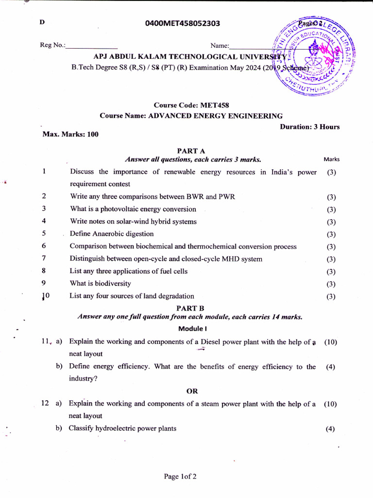 Advanced Energy Engineering Exam Guide | PDF | Energy And The ...