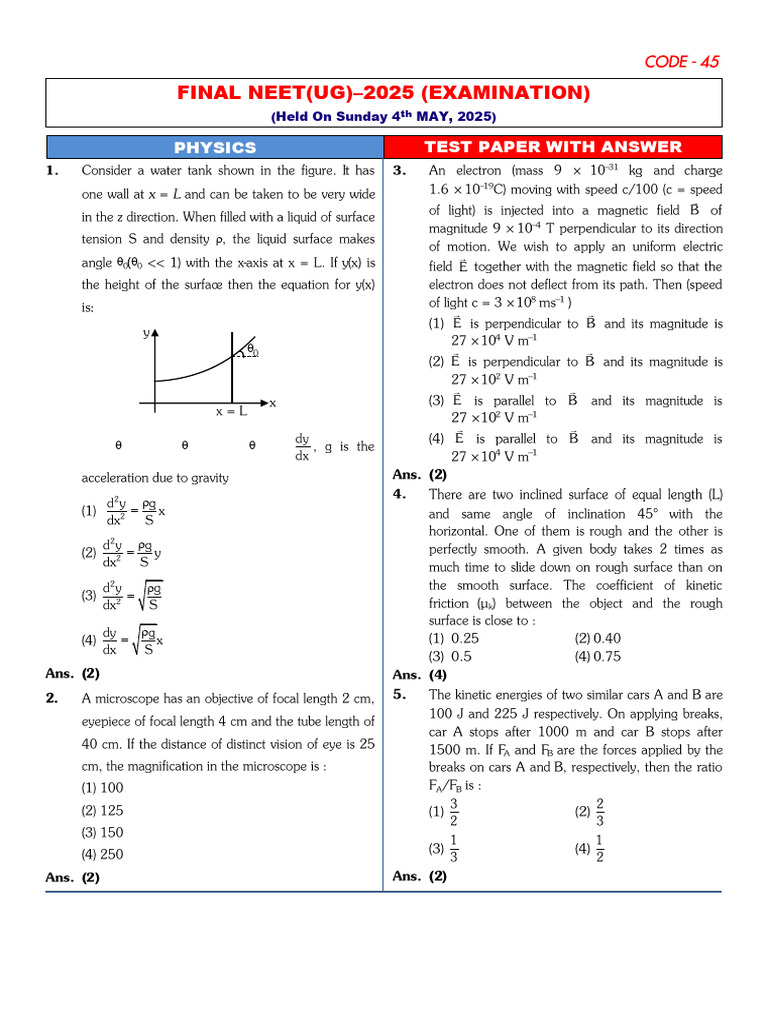 NEET 2025 Physics Paper Code 45 | PDF