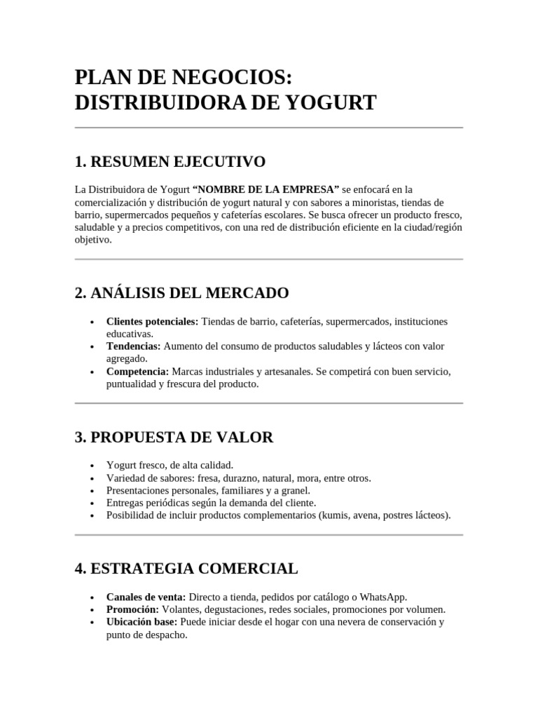 Plan de Negocios para Distribuidora de Yogurt | PDF | Plan de negocios ...