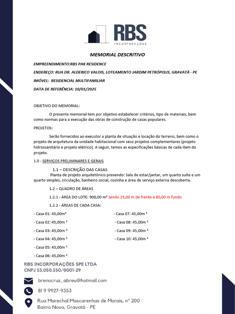 Memorial Descritivo RBS Pak Residence | PDF | Argamassa (alvenaria ...