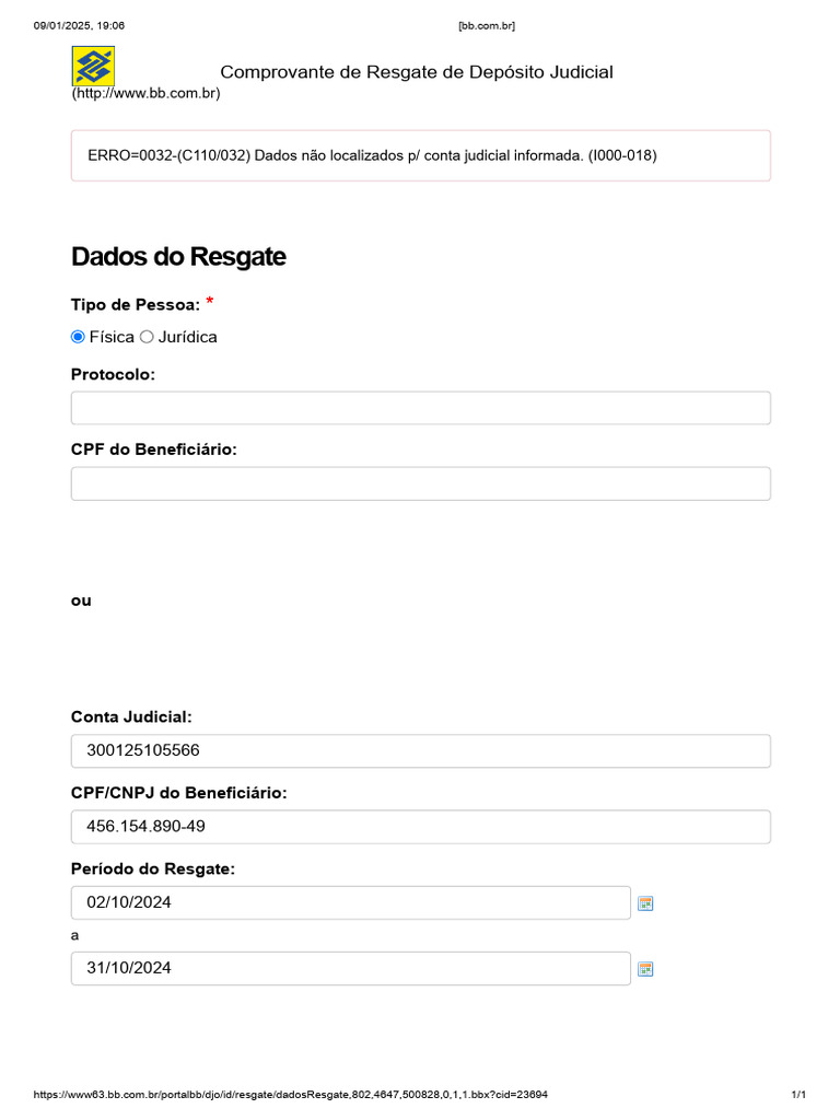 Erro 0032 em Resgate Judicial BB | PDF