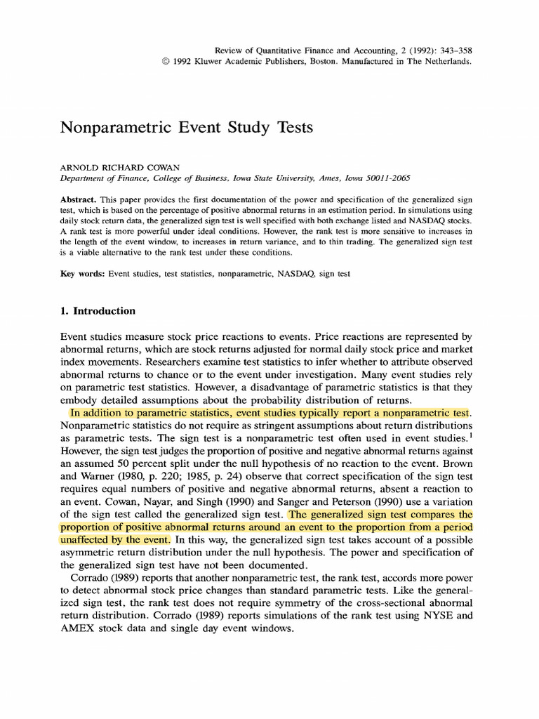 Nonparametric Tests for Event Studies | PDF | Statistical Significance ...
