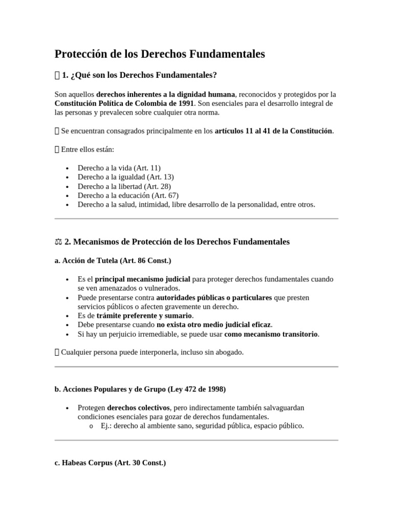 Protección de Derechos Fundamentales en Colombia | PDF | Habeas corpus ...