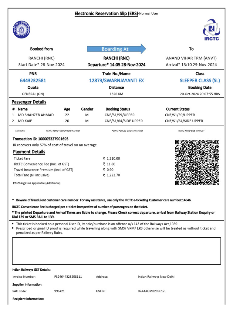 Electronic Reservation Slip for Train Travel | PDF | Identity Document ...