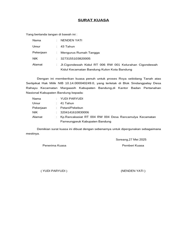 Surat Kuasa Proses Roya Tanah Bandung | PDF