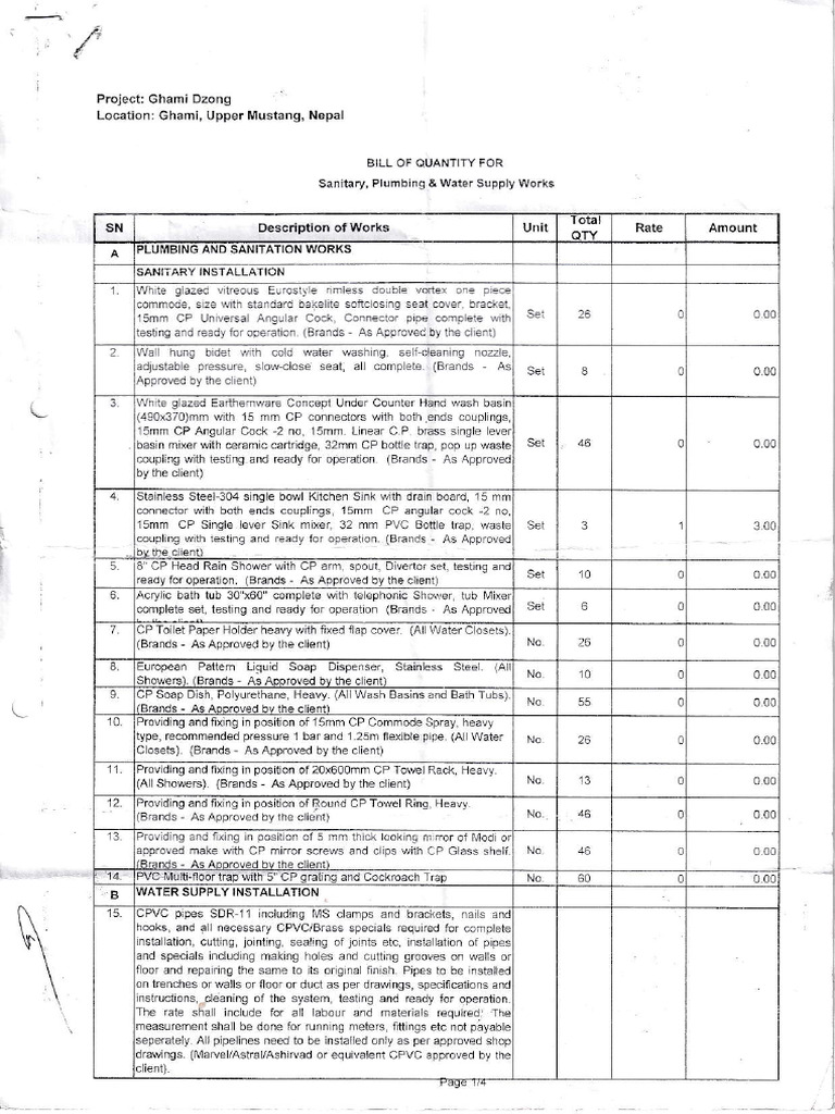 BOQ For Snitary, Plumbing & Water Supply Works From Punya Ram 2025 05 ...