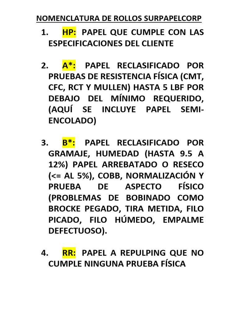 Nomenclatura de Rollos Surpapelcorp | PDF