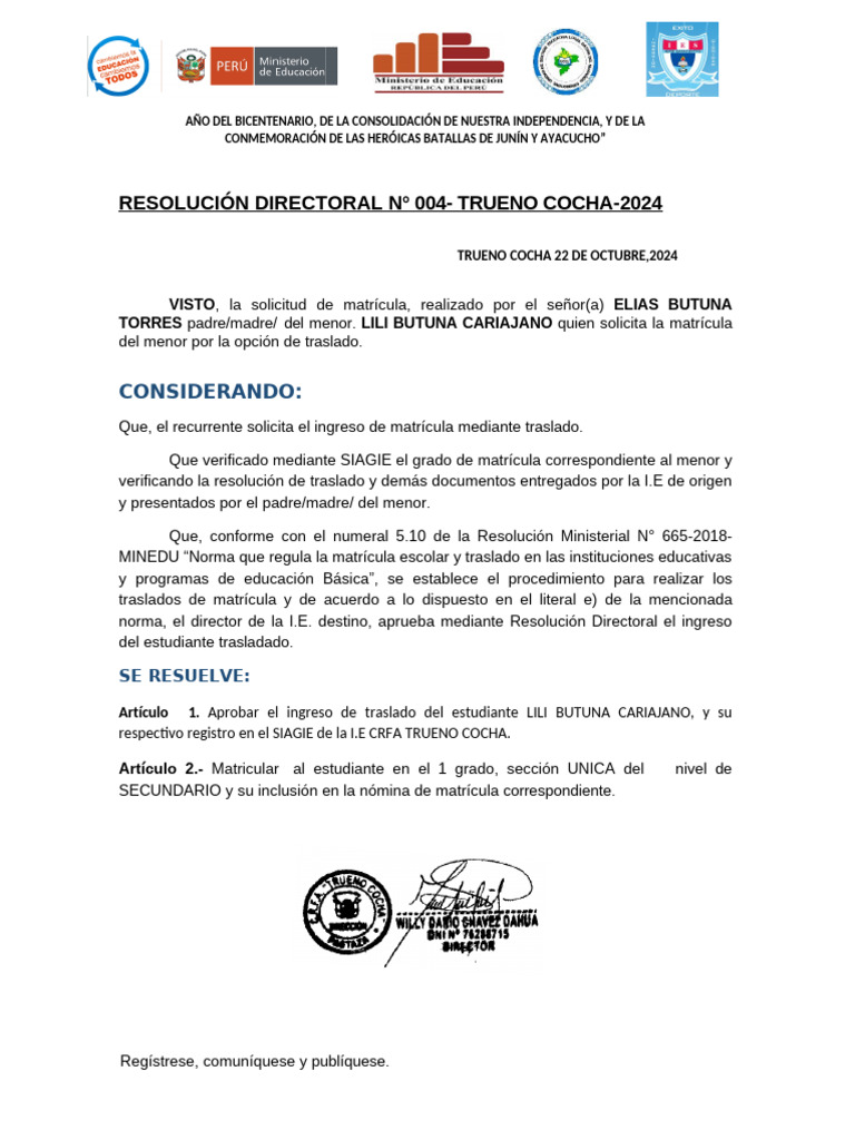 Matrícula y traslado escolar de Lili Butuna | PDF