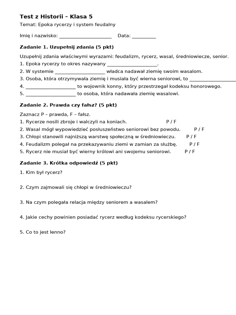 Test Historia Klasa 5 PL | PDF