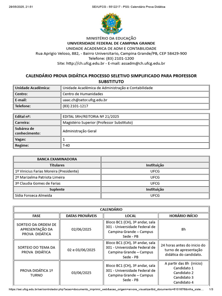 Cronograma Da Prova Didtica Administrao Geral UAAC CH | PDF ...