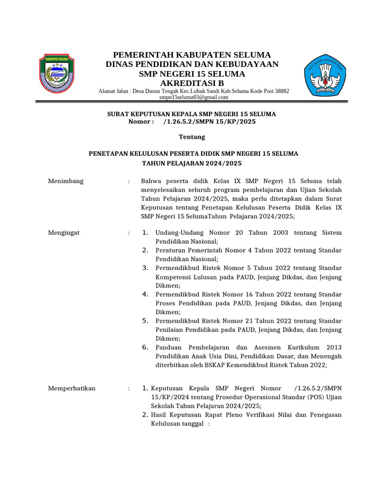 Kelulusan SMPN 15 Seluma 2024/2025 | PDF
