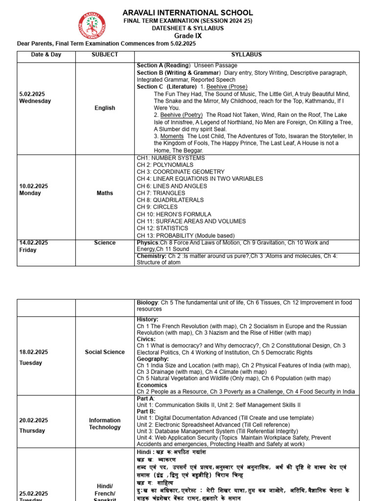 Aravali School Grade IX Exam Datesheet | PDF | Pronoun