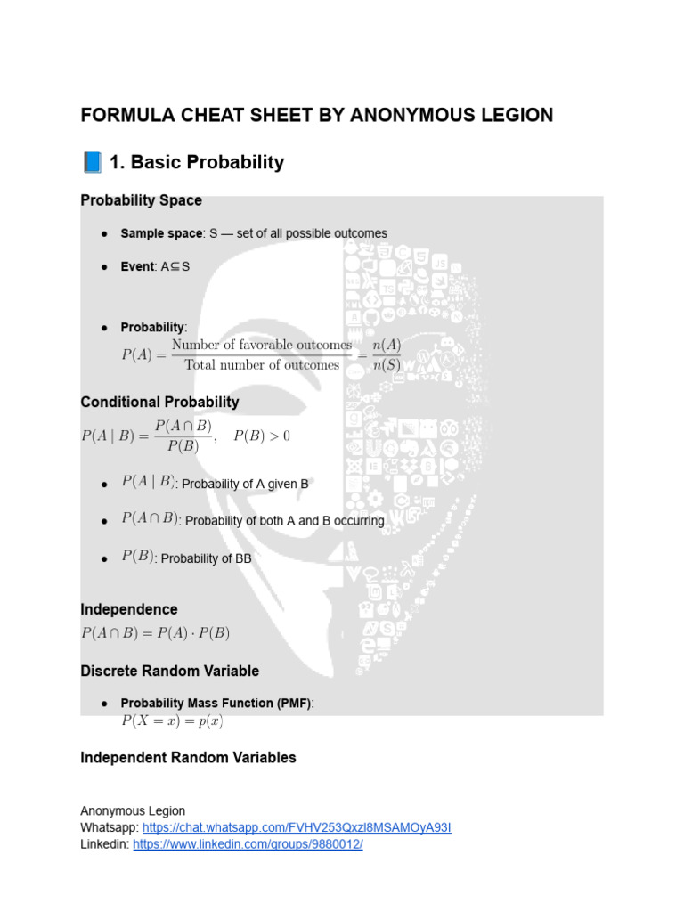 Formula Cheatsheet by Anonymous Legion | PDF | Probability Distribution ...