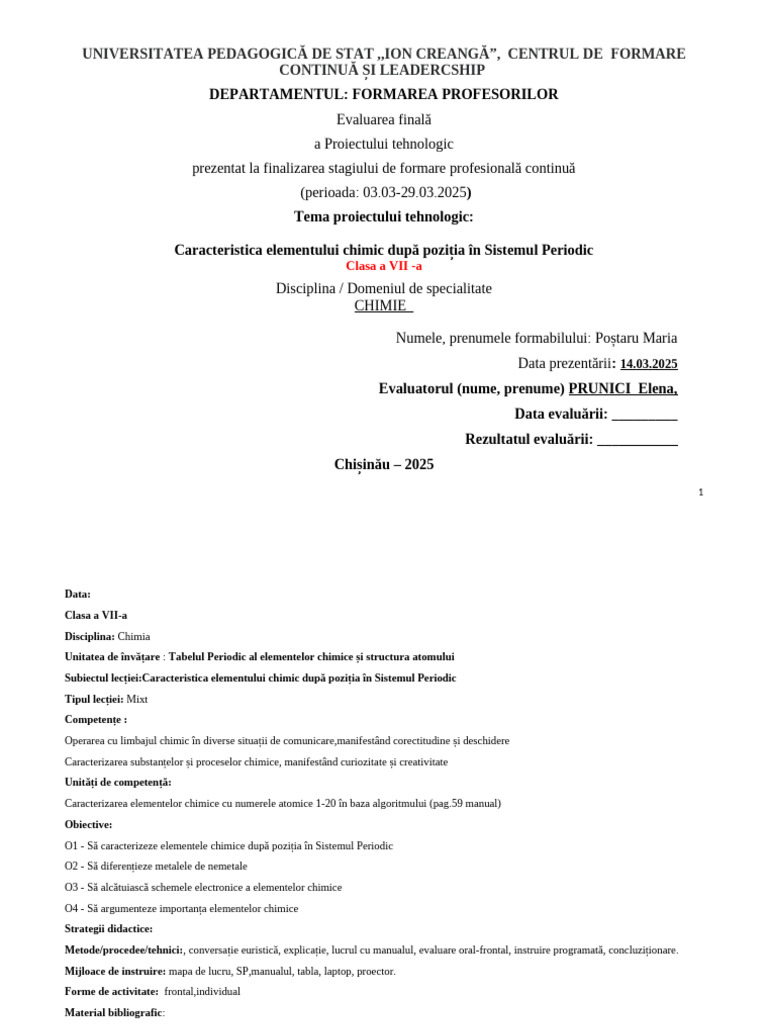 Proiect Didactic Chimie Cl.7 Caracteristica Elementului Chimic | PDF