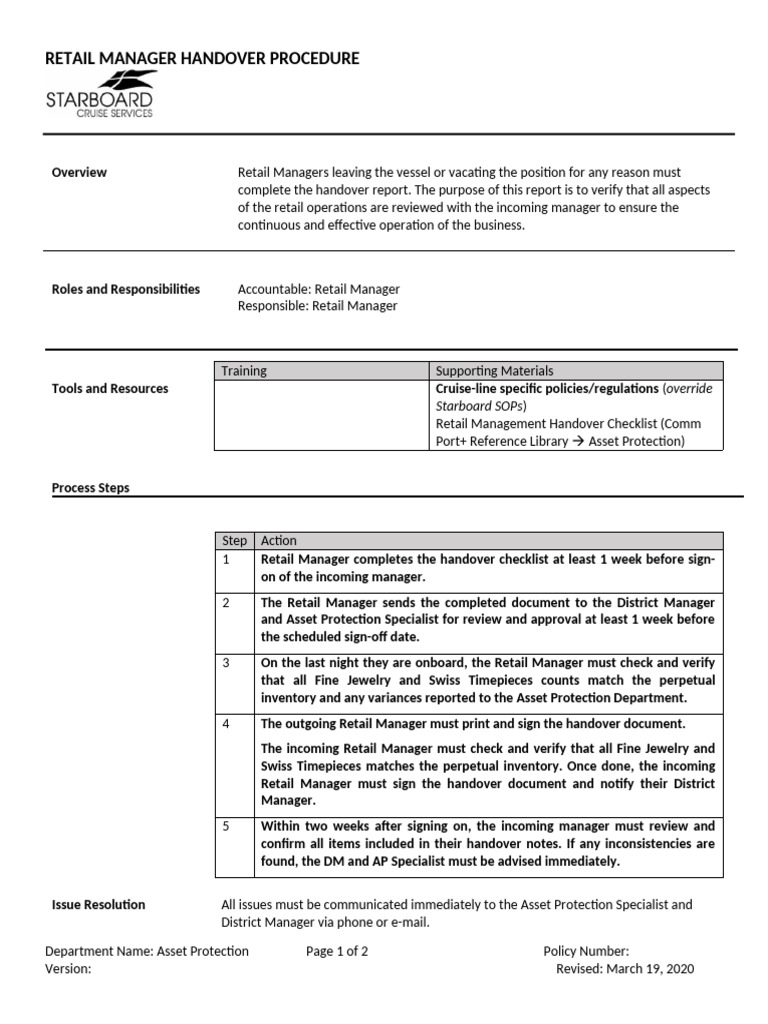 Retail Manager Handover Guidelines | PDF